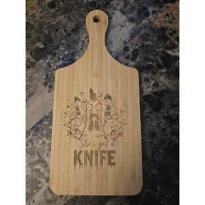 Engraved Cutting Board Decor "Shes Got A Knife" Funny Comical Kitchen 11x5